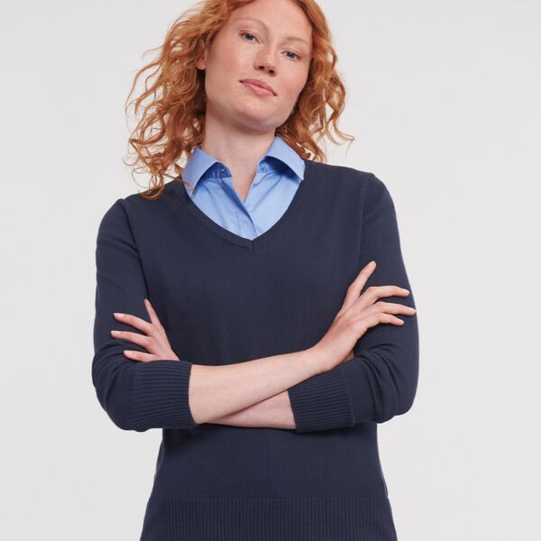 Russell Collection Ladies Cotton Acrylic V Neck Sweater Thumbnail